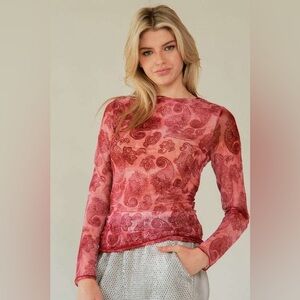🟠 101B. Paisley Printed Mesh Long Sleeve Top - Wine